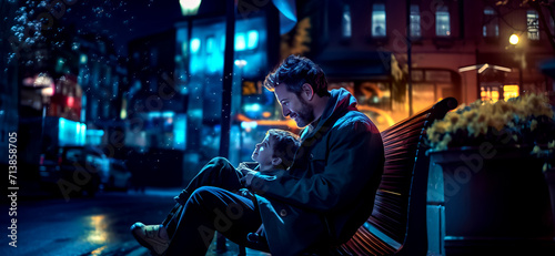 Man and child sitting on bench in the city at night.