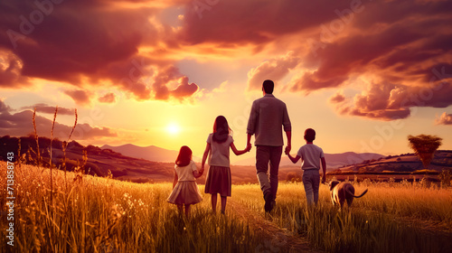 Family walking through field with sunset in the backround.