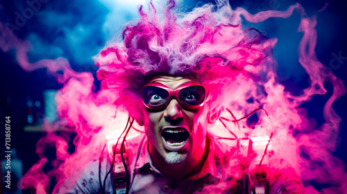Man with pink smoke on his head and glasses on his face, making weird face.