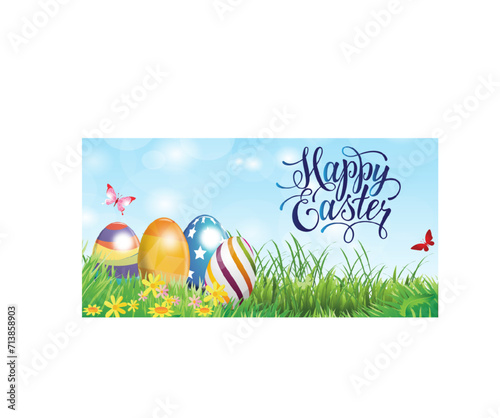 Happy Easter Horizontal Banner  Easter Eggs with Blue Sky Background  Green Grass Illustration.