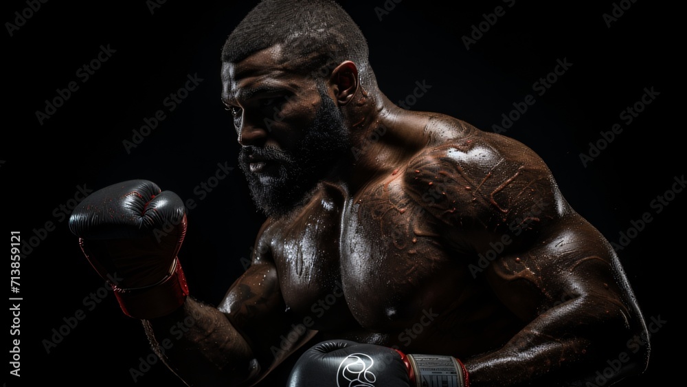 Power in Motion: Muscular Heavyweight Boxer in Dynamic Action for Sports Advertising Power in Motion: Muscular Heavyweight Boxer in Dynamic Action for Sports Advertising