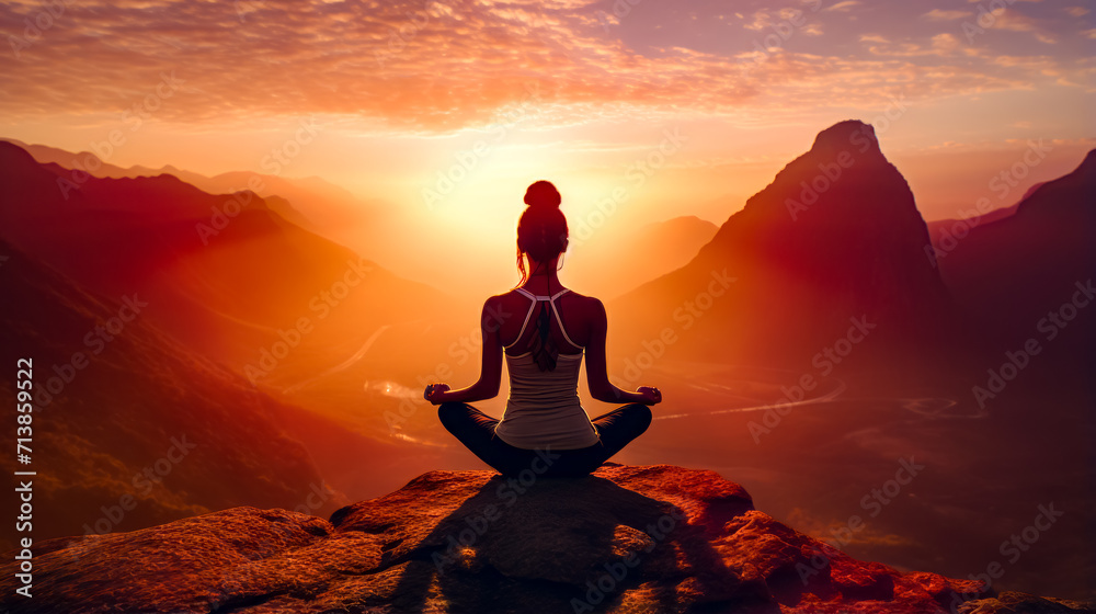 Woman sitting in lotus position on top of mountain at sunset.
