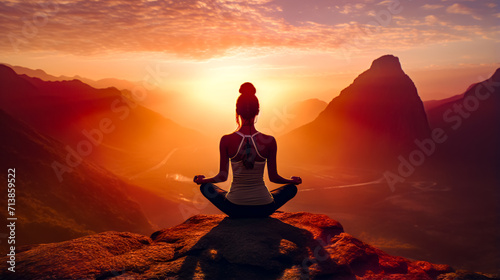 Woman sitting in lotus position on top of mountain at sunset.