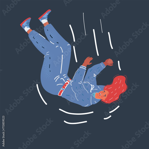 Vector illustration of scared woman falling down on dark background.