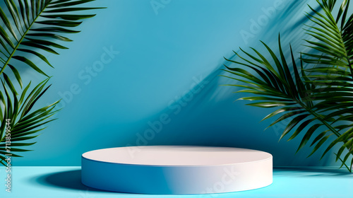 Round white table sitting next to green plant on blue wall.