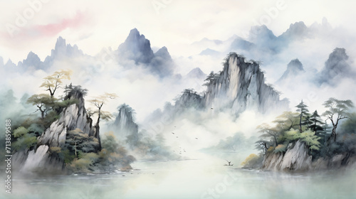 Chinese style water ink lotus landscape painting