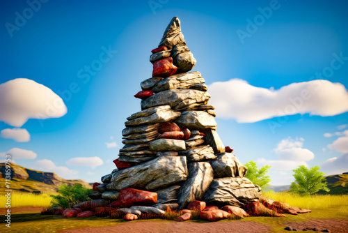 Pile of rocks sitting in the middle of field with sky background.