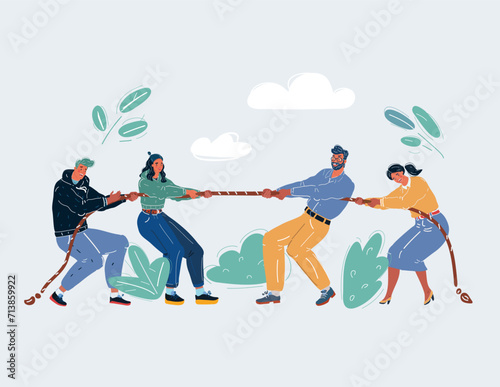 Vector illustration of tug-of-war people. Temam business competition. Struggle of generations
