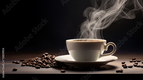  steaming cup of coffee sits atop a pile of freshly roasted coffee beans.he aroma of freshly brewed coffee wafts through the air, enticing the viewer to take a sip.