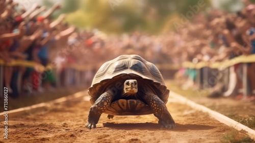 Tortoise winning the race, people on both sides of the track watching, concept of Tortoise and the Hare.