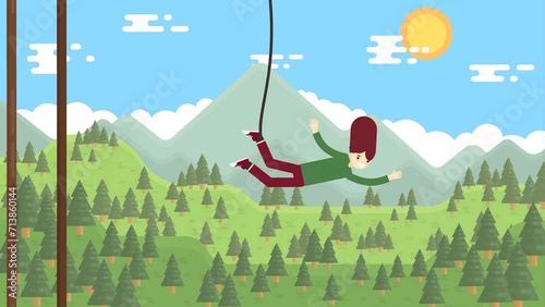 2D Rendered Animated Scene Of Girl Bungee Jumping Off Of A Bridge In The Mountains And Enjoying. photo