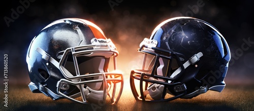 two American football helmets facing each other on football field with stadium lights.the red helmet versus the blue helmet with copy space