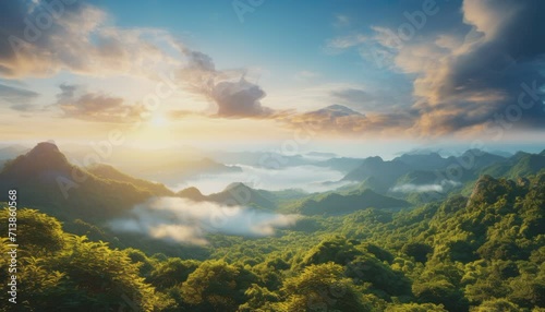 View of the sea of clouds, mountain peak, beautiful spring, falling leaves with the reflection of the sun. Eye-catching landscape background.