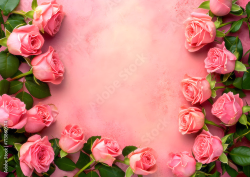 Many pink roses arranged along the bottom edge of the image  Generative AI