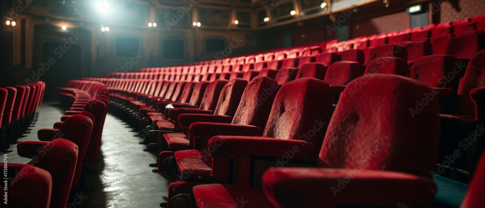 Light hitting red cloth seats in theater , movie theater by AI generate. - obrazy, fototapety, plakaty 