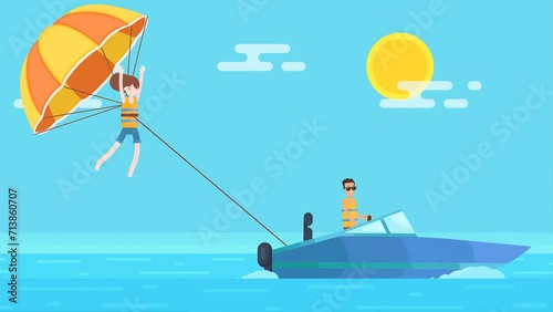 2D Animated Girl Parasailing With Parachute Behind The Motor Boat Enjoying The Moment. photo