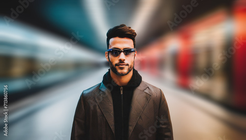 man sunglasses, hoodie, jacket andurban metro station blurred fluoriscent light gray red blue hues background copy space © Niko