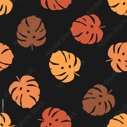Seamless pattern with colorful monstera leaves and black background