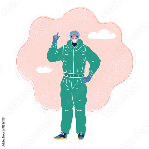 Vector illustration of epidemic disease concept. Doctor in mask and protection wear, medical quarantine. Epidemic concept on dark.