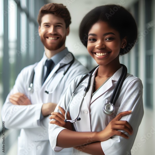  Portrait of medical doctors with crossed arms with a stethoscope standing in the hospital hallway. Happy healthcare workers after clinic trial, surgery or consultation success at a medicare center.