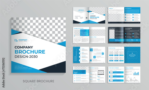 square brochure template design, 16 page minimalist flat geometric business brochure design layout
