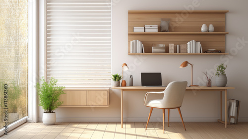 Sleek workspace: Minimalist desk, ergonomic chair, ample natural light—blending style and function for peak home efficiency