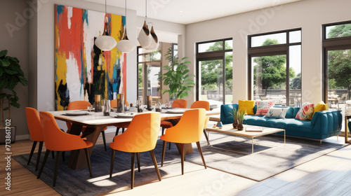 Bold hues, striking furnishings, expansive windows: a lively, open design radiating energy and flair in your dynamic living and dining haven