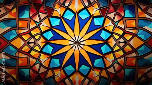 Eid al-Adha art blooms  Islamic geometry  vivid in rich hues  echoes cultural splendor with intricate patterns  celebrating vibrant tradition