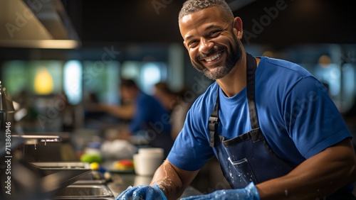 Spotless Service: Candid Portrait of a Professional Cleaner in a Restaurant Kitchen