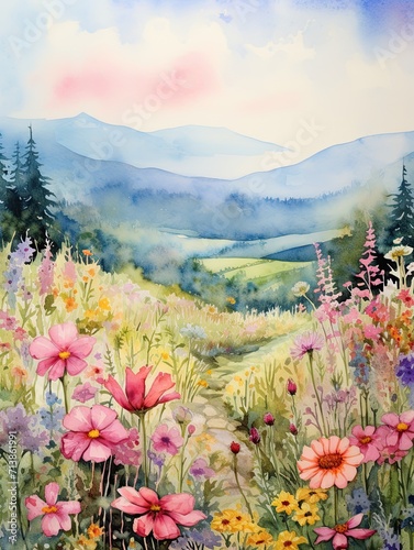 Countryside Landscape Watercolors: Vintage Meadow Magic - Art Print Collection.