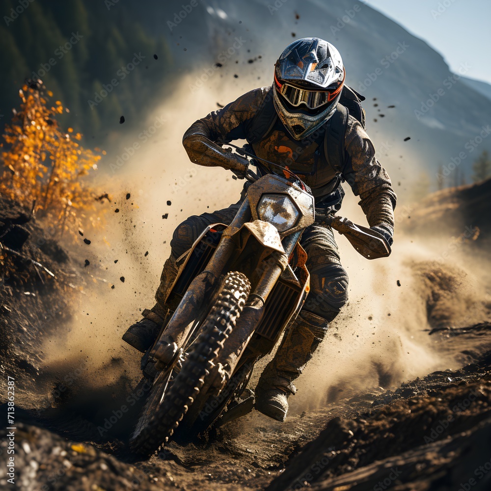 Person riding fast bike in mountain terrain for off-road sports Person riding fast bike in mountain terrain for off-road sports