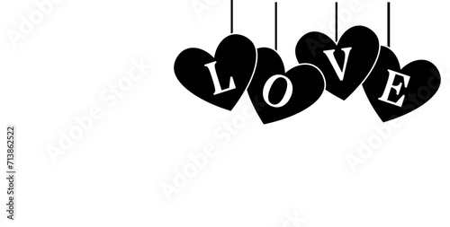 Love hearts hanging border, cute valentine day decoration, isolated banner design, flat illustration