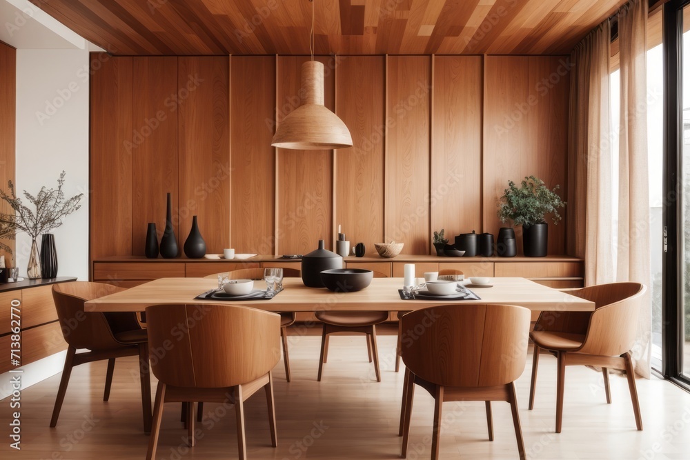Scandinavian interior home design of modern dining room with wooden chairs at a wooden dining table in a room with wooden panel wall Scandinavian interior home design of modern dining room with wooden chairs at a wooden dining table in a room with wooden panel wall