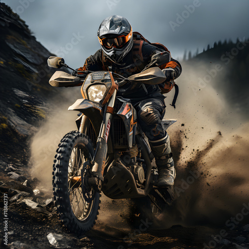 Person riding fast bike in mountain terrain for off-road sports