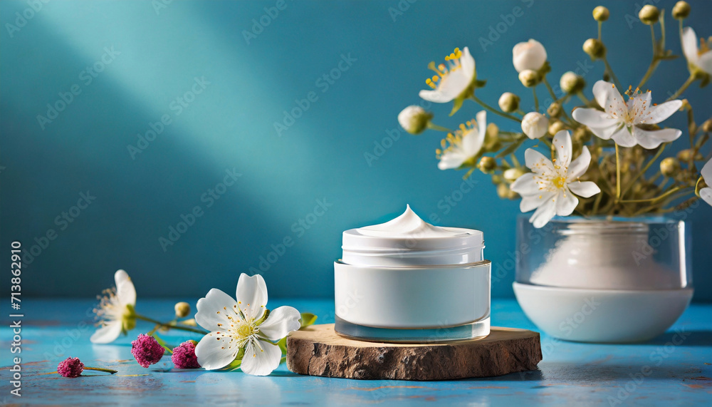Open facial cream jar, beauty face treatment, face skin care, flowers on blue background