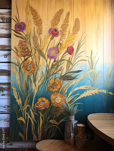 Crafted Golden Grain Imagery  Field Painting with Sun-Kissed Wildflower Blooms