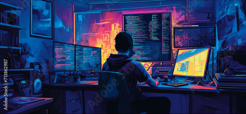 Programmer with Multiple Screens in Neon-Lit Office 