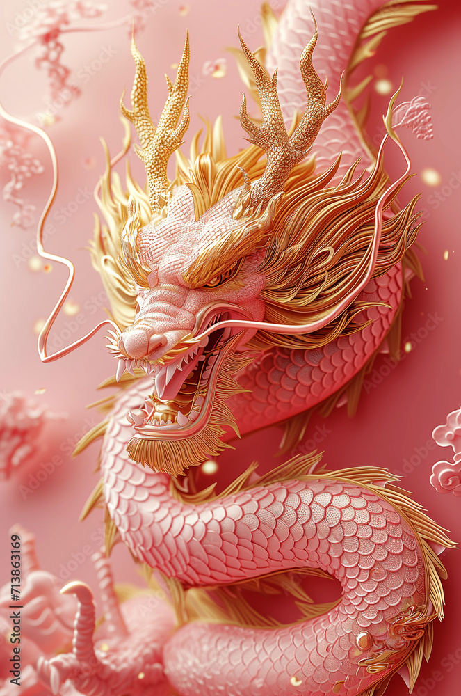 Naklejka premium ornate pink and golden Chinese dragon on pink background