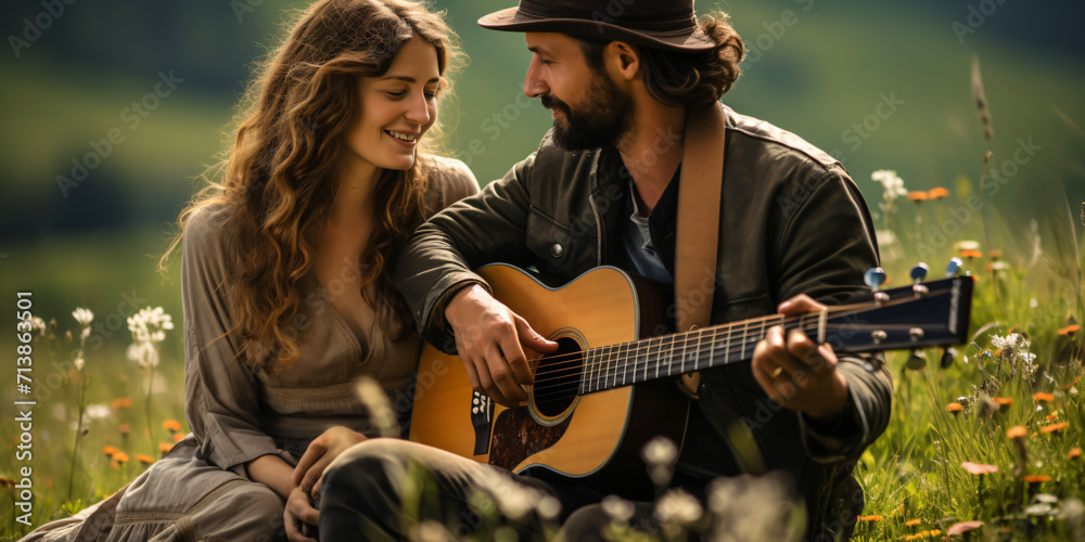 a young happy couple with a guitar sitting on a mountain meadow in summer