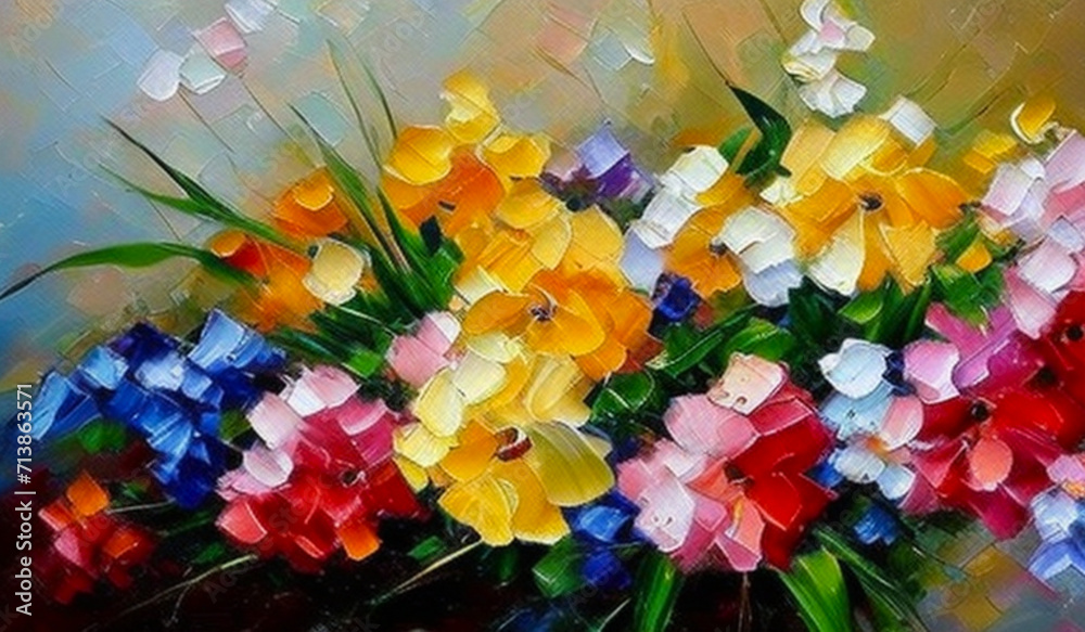 Oil flowers. Beautiful delicate feminine multi-colored spring or summer flowers close-up, generated by AI. Bouquet of flowers. Flowers in a flowerbed. Postcard, congratulations to a woman. Wildflowers