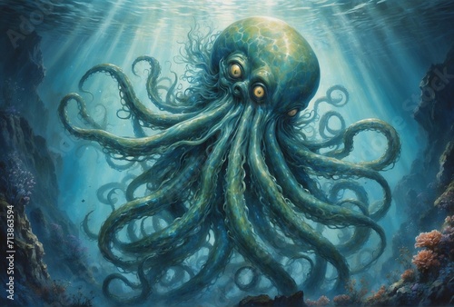 In a masterfully executed watercolor painting, a captivating mythopoeic alluring tentacled titan comes alive before our eyes. photo