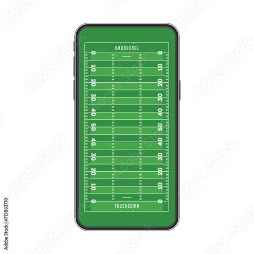 Smartphone with app american football field and ball. Mobile football, Soccer Online Concept. Online ticket sales, sport betting conception. photo