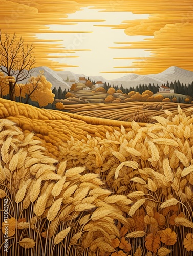 Golden Grain Harvest: Vintage Farmhouse Landscape with Masterfully Crafted Imagery