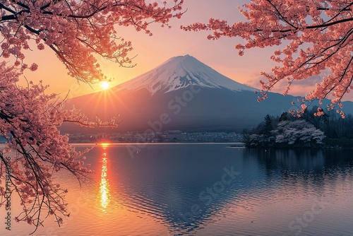 桜が咲く春の富士山の朝焼け・夕焼けの風景（桜・春爛漫・満開の桜・鏡富士）