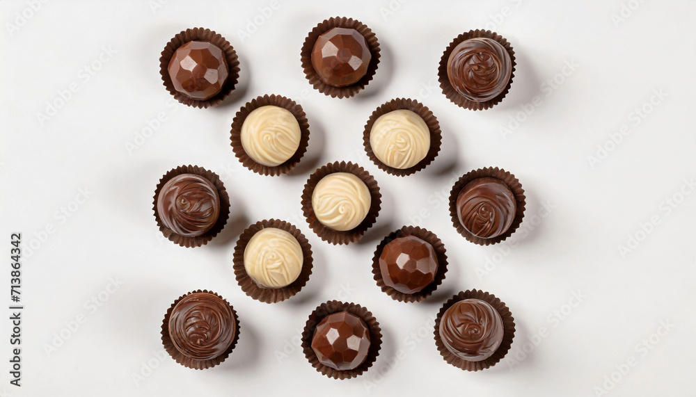 Top view delicious chocolate candy on a white background, sweet tasty food Top view delicious chocolate candy on a white background, sweet tasty food