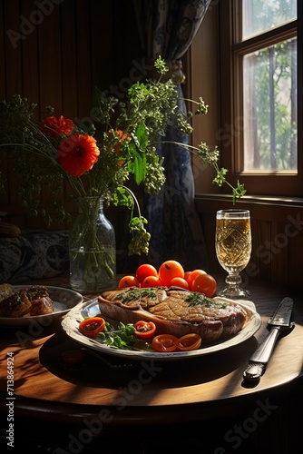 Sizzling Pork Neck Steak. Grilled Veggies in Rustic Pan