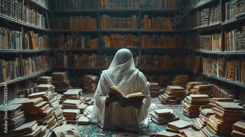 Man islam reading a book in a quiet corner of a richly decorated library photo