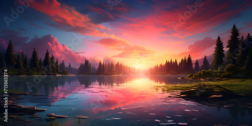  A peaceful lakeside sunset with the sky mirrored in the calm waters A sunset over a lake with trees in the background 