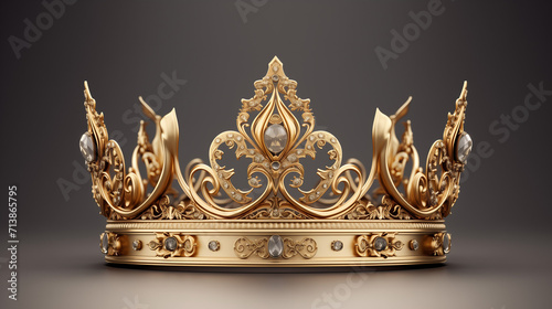 Gold crown isolated on white background, illustration, 3d royal golden crown with red and green diamonds on isolated background. Textured king gold crown, Generative AI
