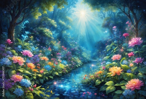 In this captivating watercolor painting  an augmented electrifying digital garden comes to life with vibrant colors and ethereal beauty.